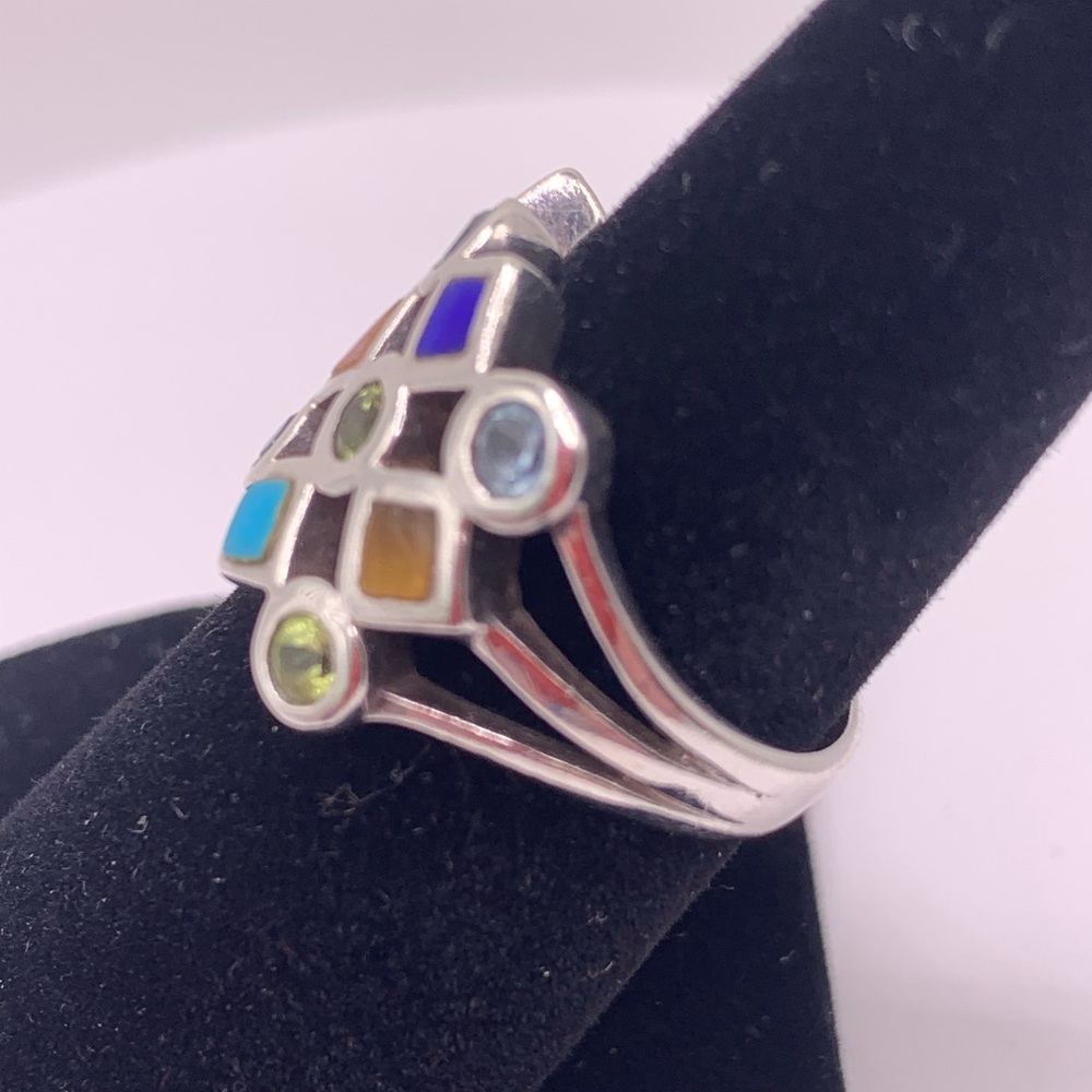 Vintage Sterling Silver Multi-Gemstone Inlaid Checkerboard Ring - Picture 2 of 12